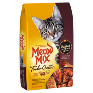 a yellow colour pack of cat food that says 'meow mix'